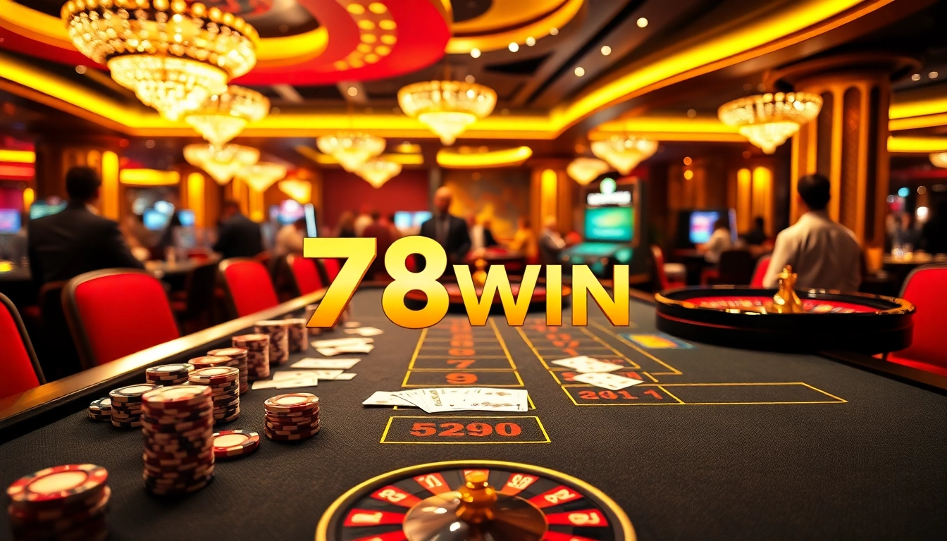 78WIN showcases an exciting casino experience with vibrant poker chips and engaging players.