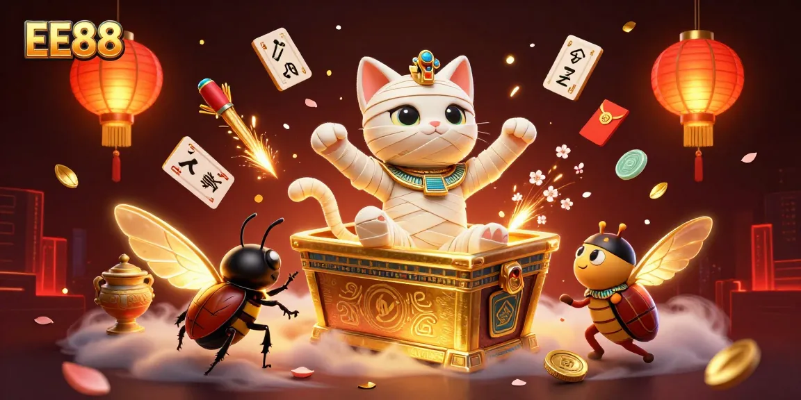 EE88 offers a vibrant casino experience with a lively mummy cat and golden winnings.