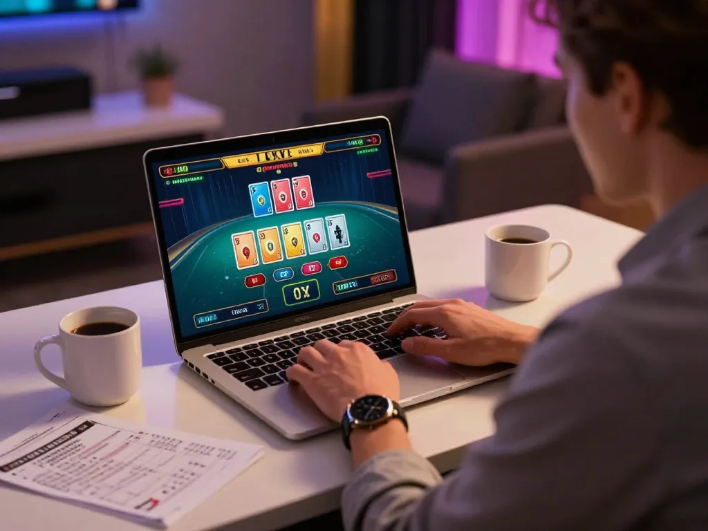 Engaging in a thrilling okfun live dealer blackjack game from a stylish home setup.