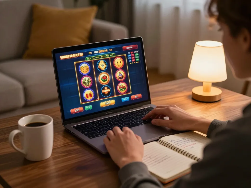Player enjoying online slots on 79kingt1 with strategic notes, cozy home setup for responsible gaming.