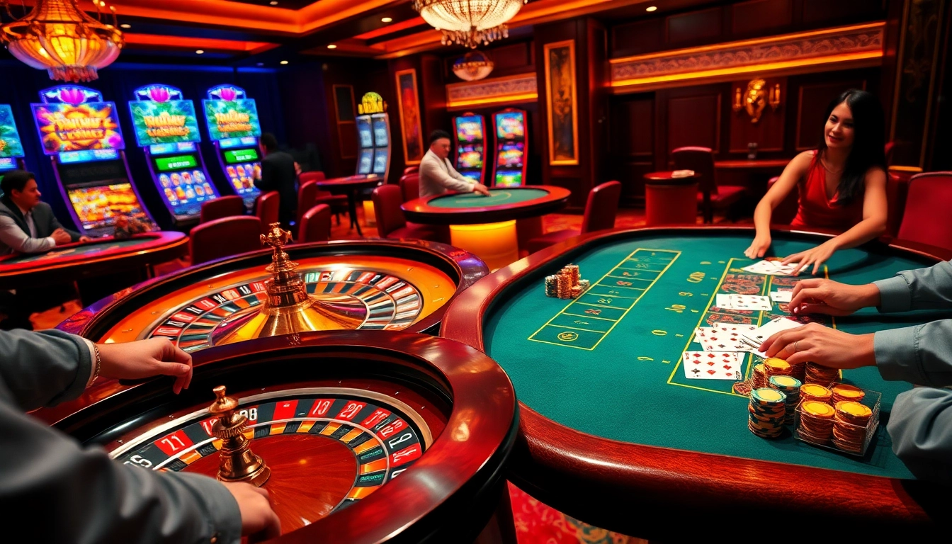 Players engaging in intense bets at dh88 roulette and poker tables in a luxurious casino.