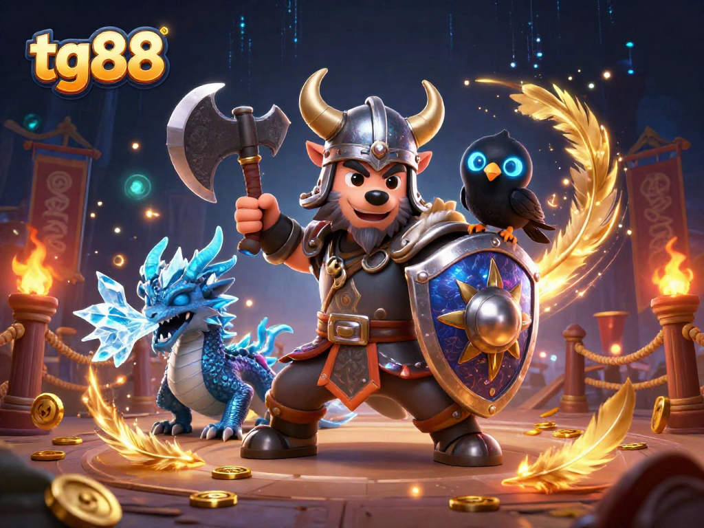 tg88 enhances gaming excitement with a heroic Viking warrior, dragon, and raven in a vibrant casino scene.