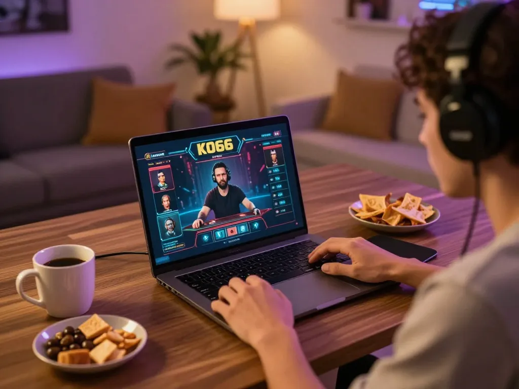 Player immersed in KO66 online casino gaming, showcasing laptop interface and cozy home environment.