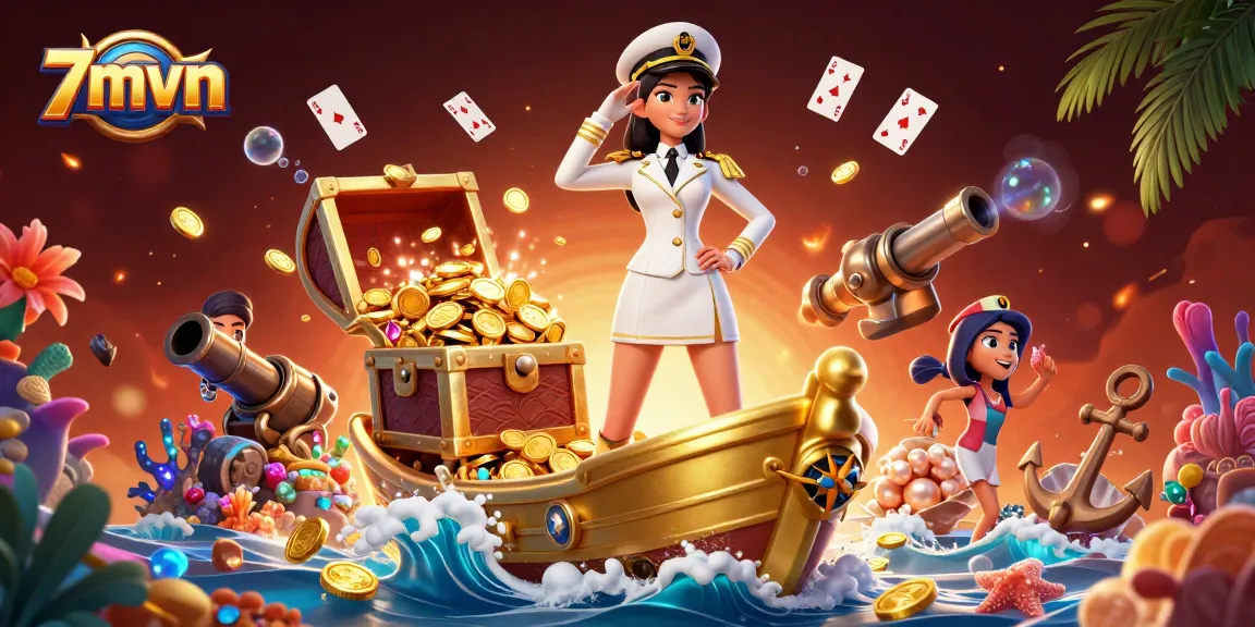 7mvn showcases an elegant Asian woman on a golden ship bow amidst vibrant casino treasures.