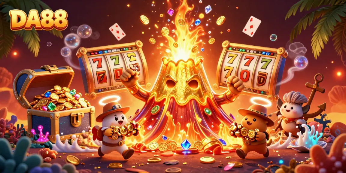 Engage with DA88's thrilling slots, featuring a volcano of coins and vibrant treasures.