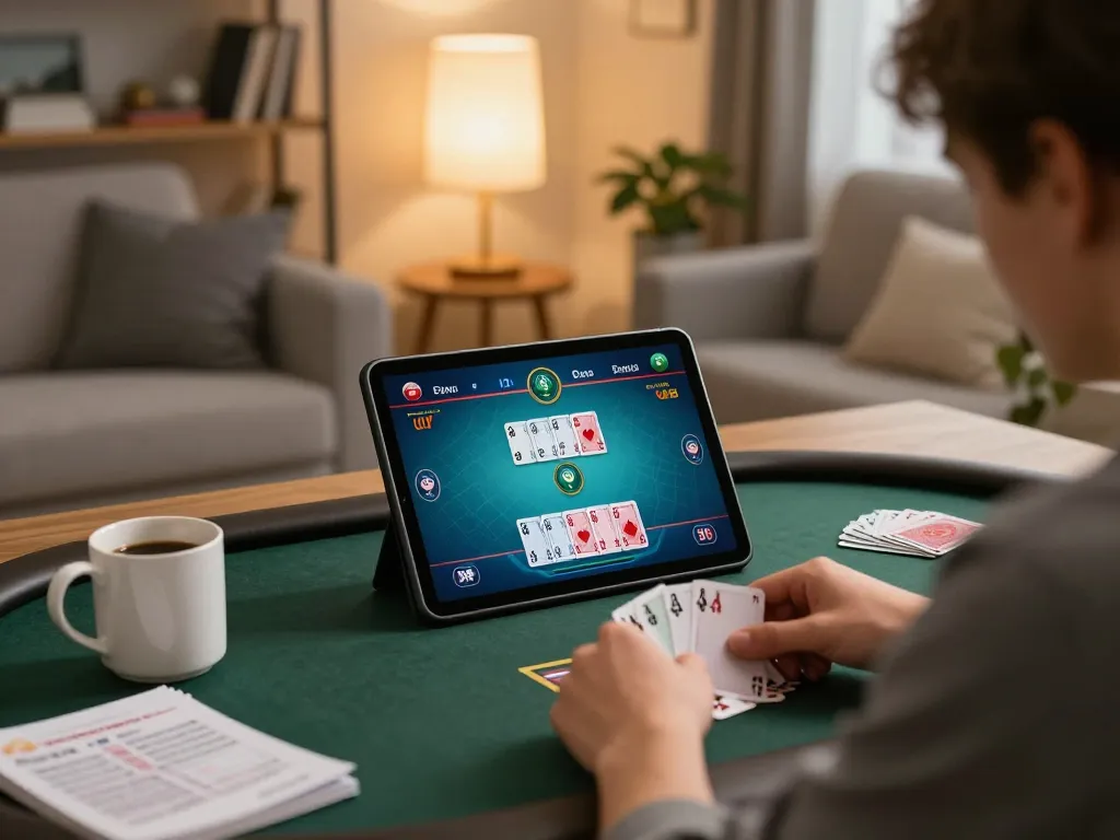 79king79 player analyzing cards in cozy home setting while enjoying online poker.