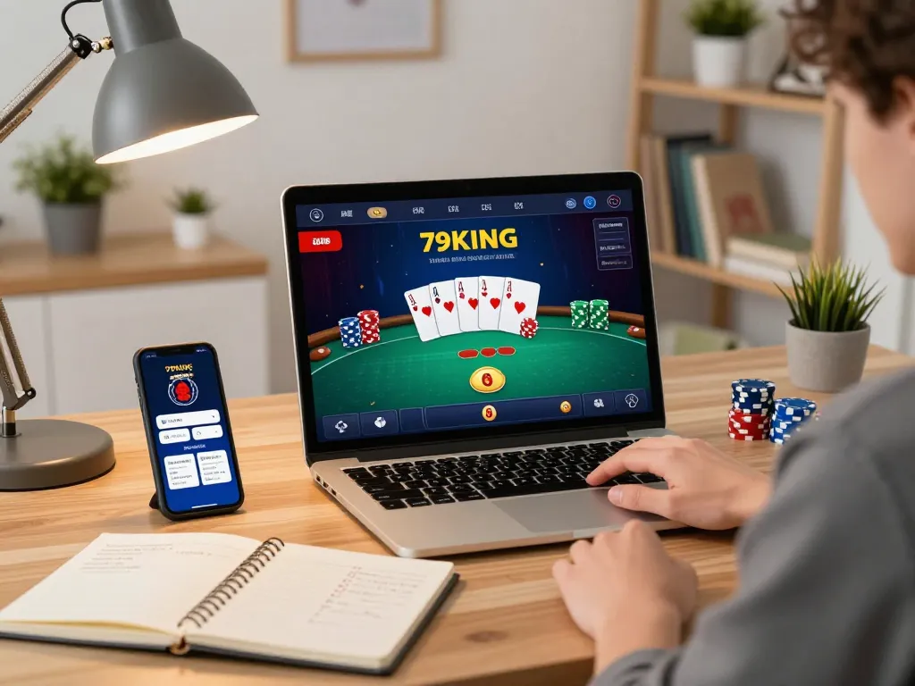 Play online poker at 79KING with strategic notes and casino app on display