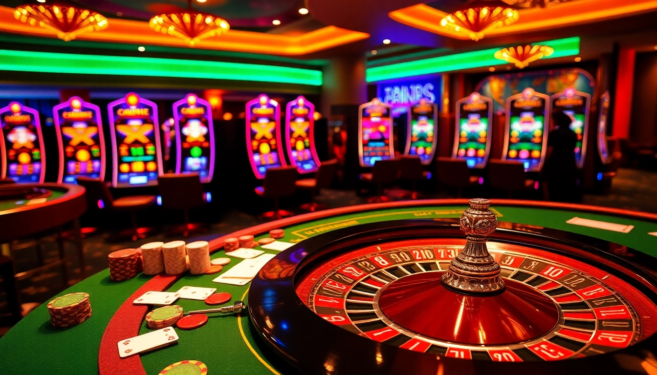 Players engaging in thrilling gambling action with LC88, vibrant casino tables, and slot machines.