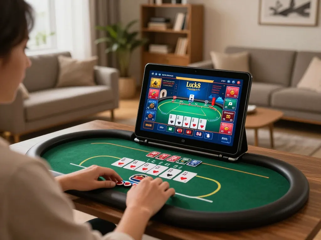 Engaging in responsible gaming on Luck8 platform via tablet in cozy home setting