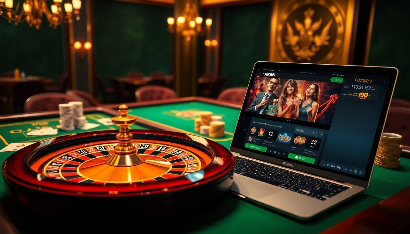 Experience the thrill of RR88 casino gaming with vibrant tables, poker chips, and a dynamic online interface.