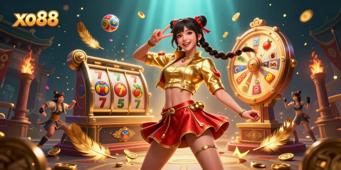 Engage in thrilling slot games with xo88, featuring vibrant colorful reels and an energetic atmosphere.