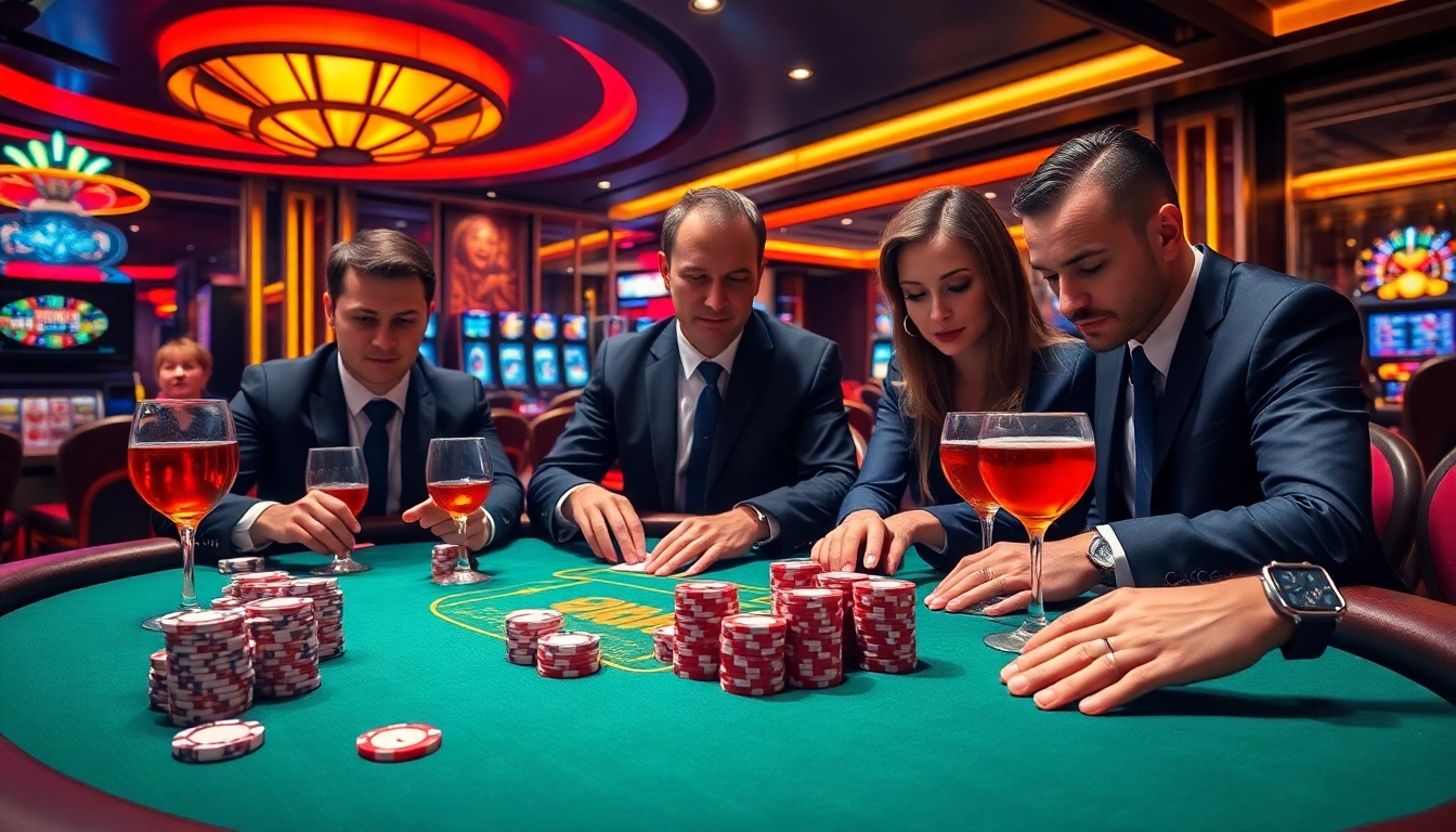 Engaging scene of Kèo nhà cái 5 with professional poker players, vibrant casino atmosphere, and high-stakes excitement.