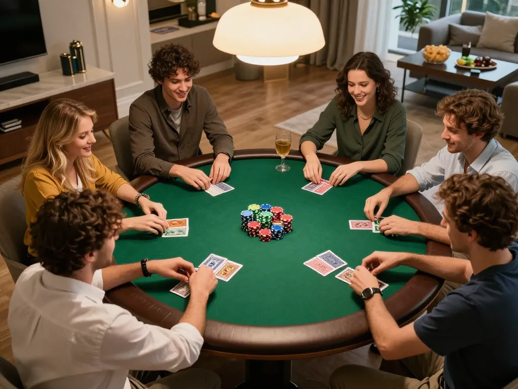 Friends enjoying a lively poker night at home while using tip88 for bankroll management.