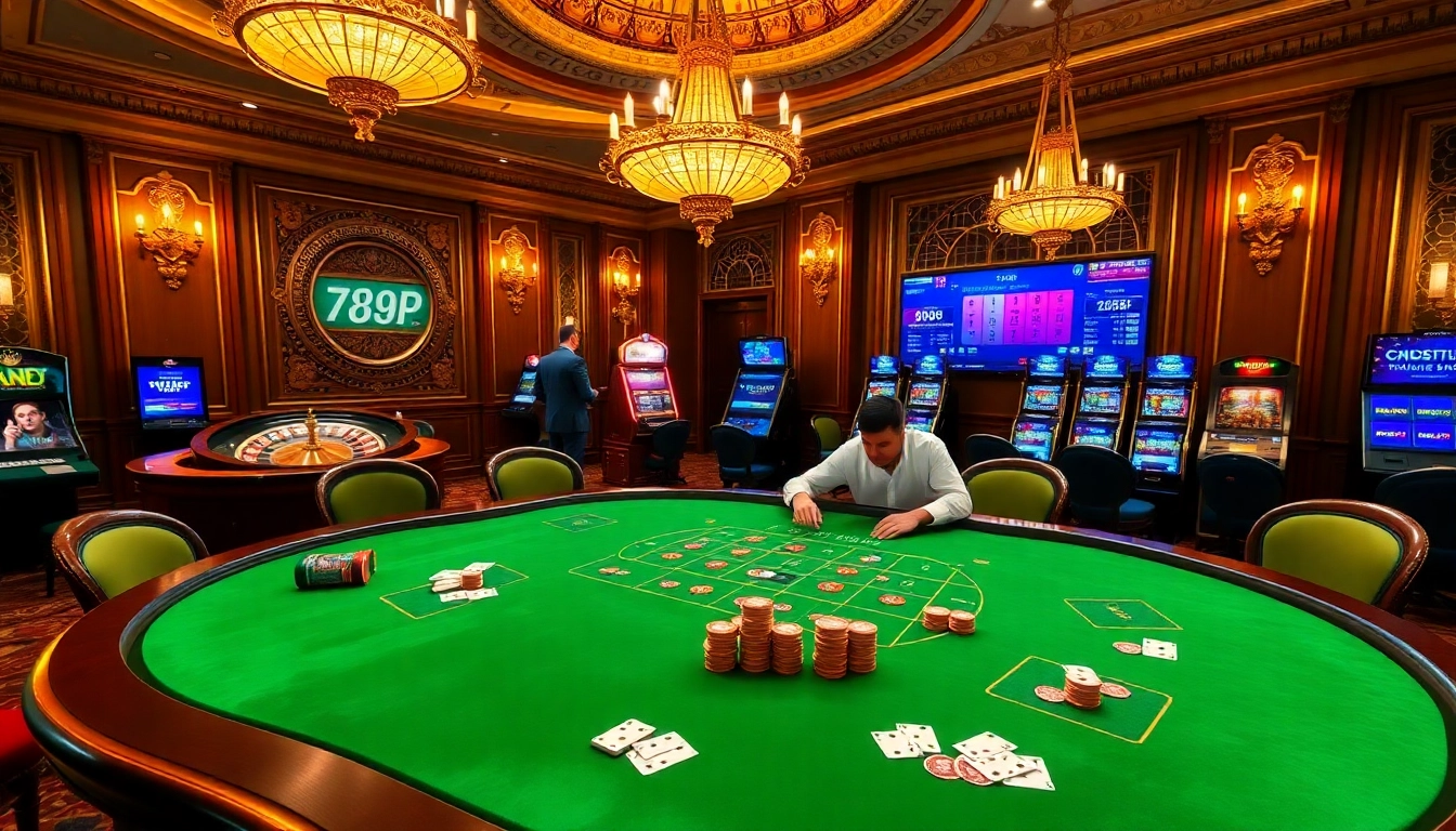 Gamble at the vibrant 789P casino scene featuring poker tables and roulette.