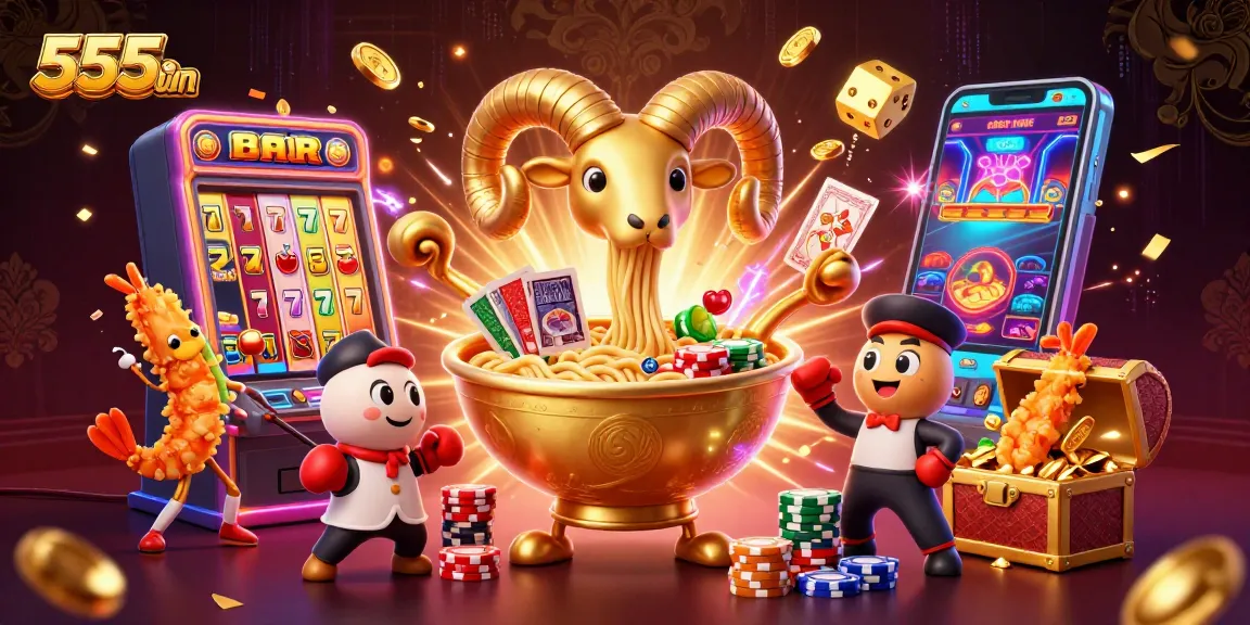 Engage in vibrant 555win slot jackpots with colorful casino characters and action in a dynamic scene.