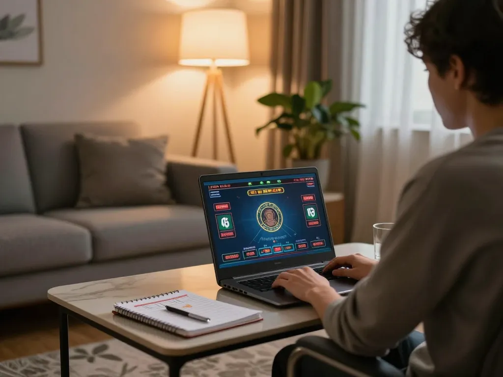 Engaging in online gambling at nhà cái fly88 in a cozy living room.