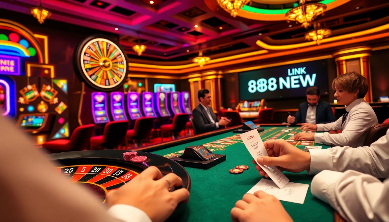Exciting casino scene showcasing LINK 888NEW with roulette and slot machines.