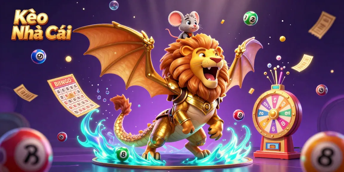 Kèo Nhà Cái showcases a triumphant chimera with a mouse jockey amid vibrant casino elements.