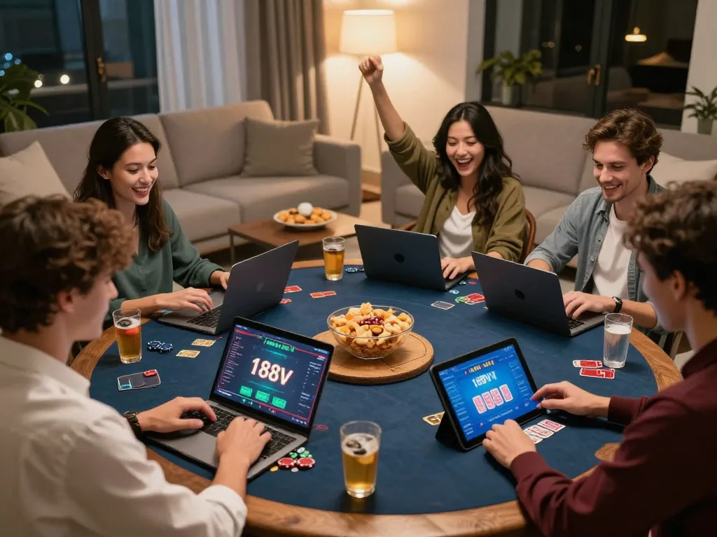 Friends celebrating a winning hand while playing poker on 188v in a cozy living room setting.