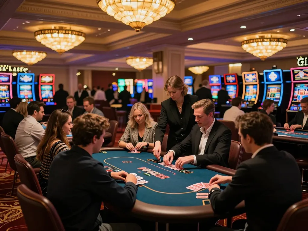 C168 players placing bets at poker tables in an upscale casino environment with vibrant ambiance.