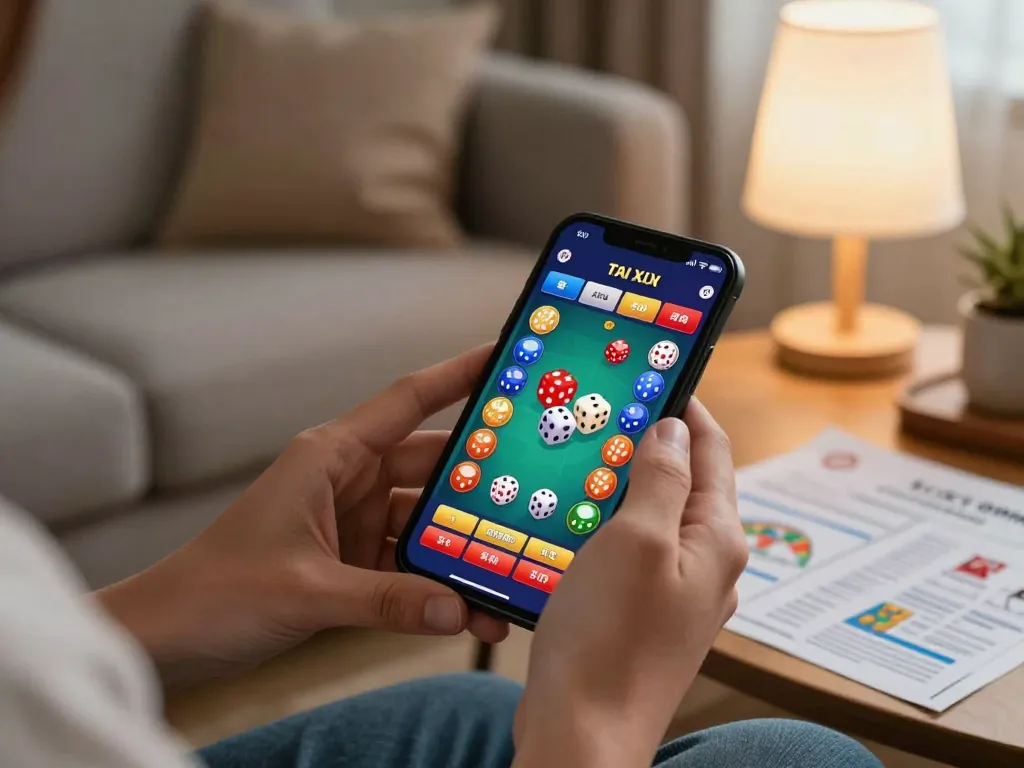 Engaging in tai xiu online on a smartphone, highlighting betting excitement in a cozy home.