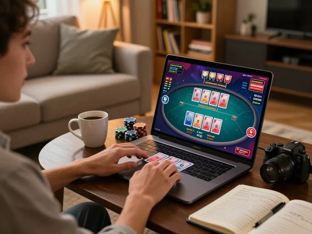 Engaging in online gaming at home with 13Win, showcasing a player immersed in poker action.