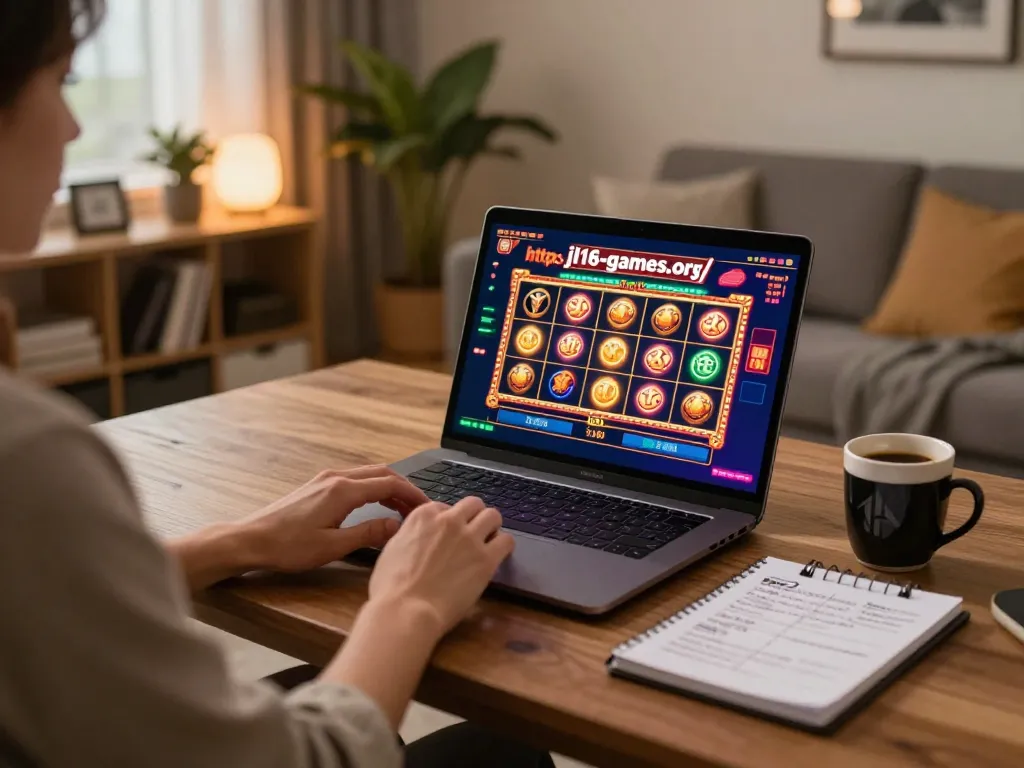 Player engaging in online slots at https://jl16-games.org/ from a cozy gaming setup.