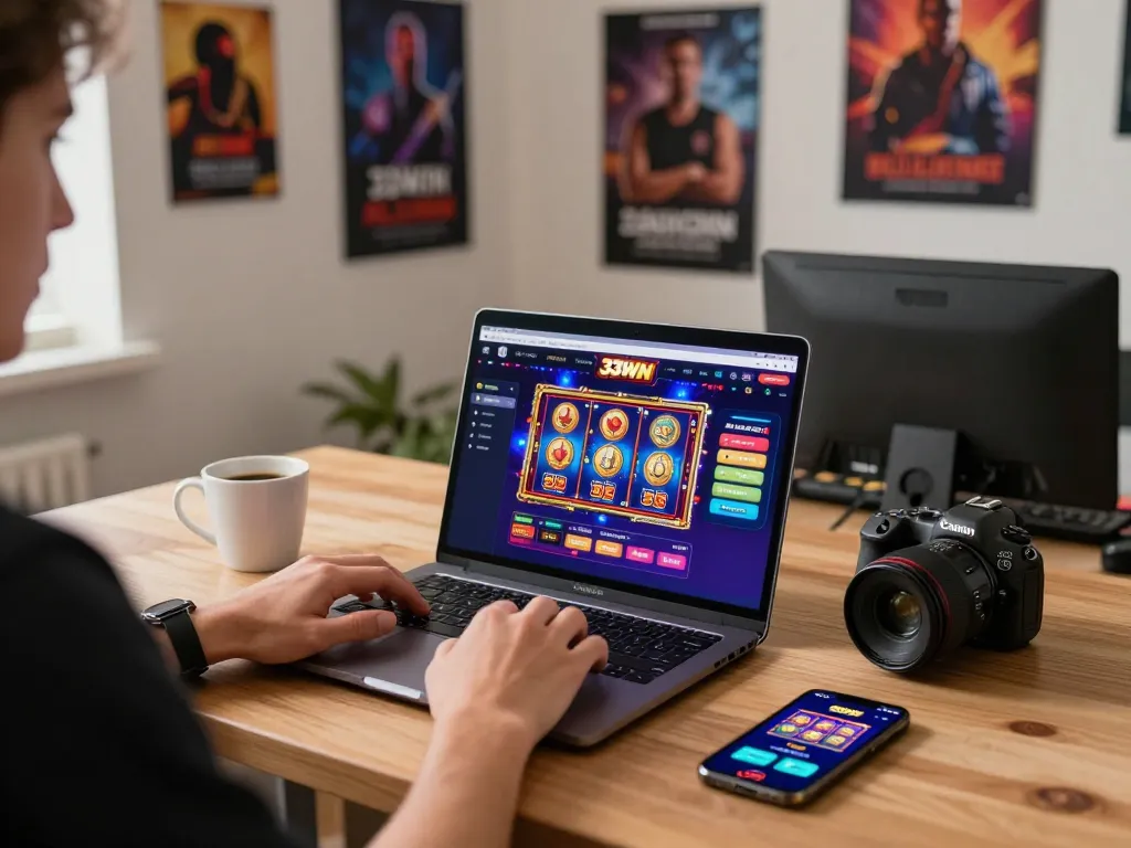 Engaging player using 33WIN online casino on laptop, showcasing exciting gameplay and home environment.