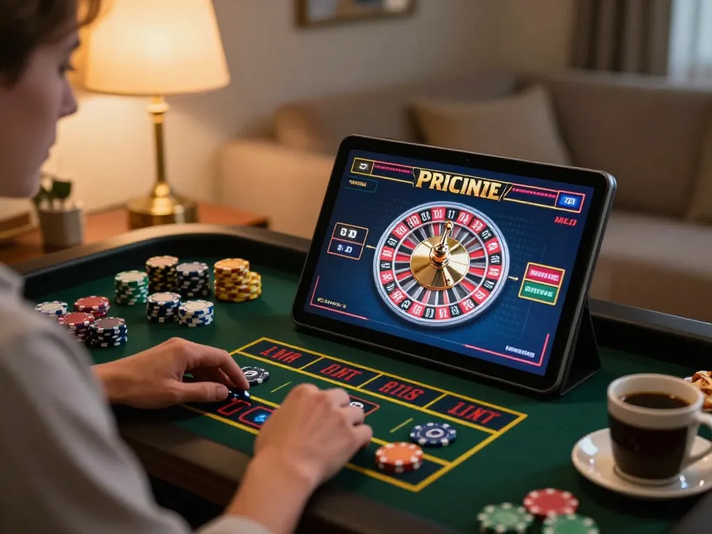 Cucu777 player enjoying live dealer roulette at home with tablet and snacks, capturing excitement and strategy.