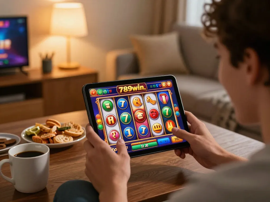 Engaging moment of a player using a mobile device for slots at 789win