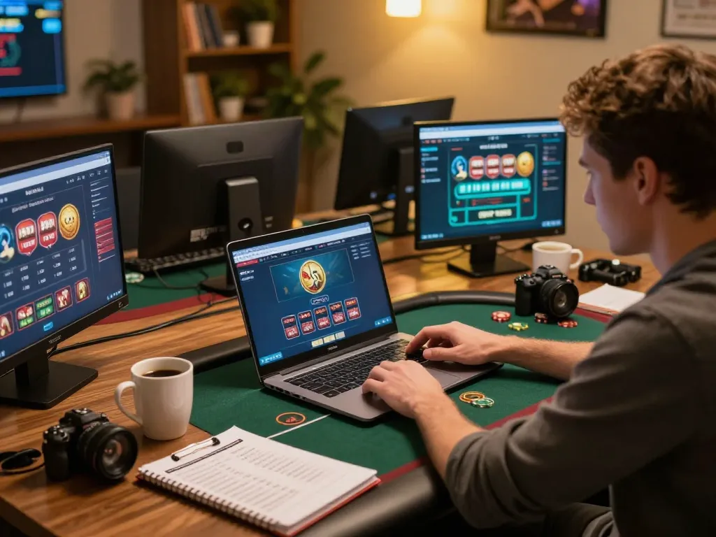 Engaged player using 9bet app on laptop in cozy gaming setup, showcasing strategic gameplay.