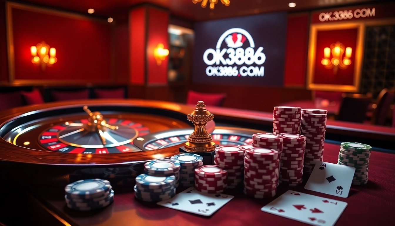 Experience thrill and luxury at OK8386.COM with an exquisite casino setup featuring roulette and poker.