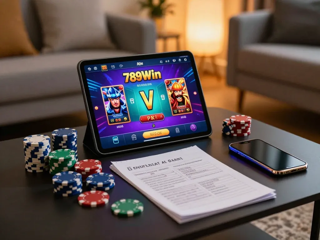 Engaging gaming session on the 789Win app with strategic betting notes and poker chips visible.