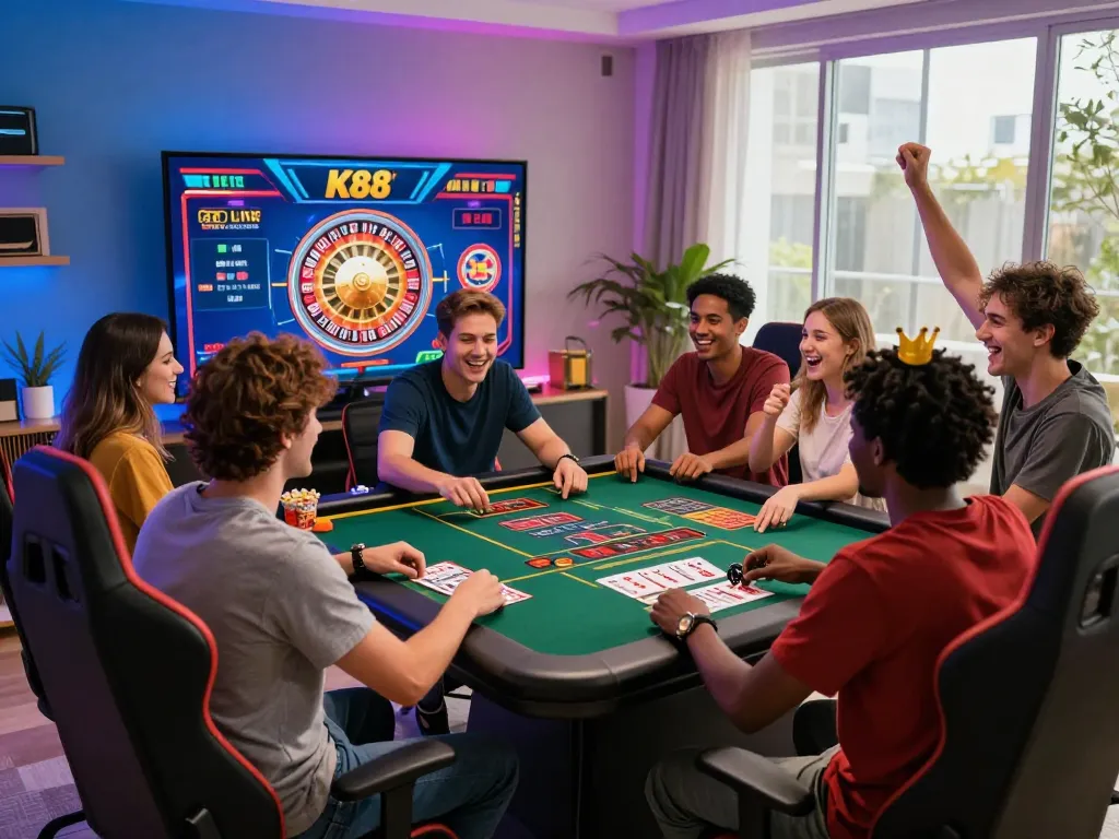 Friends enjoying K88 live casino games in a vibrant setting.