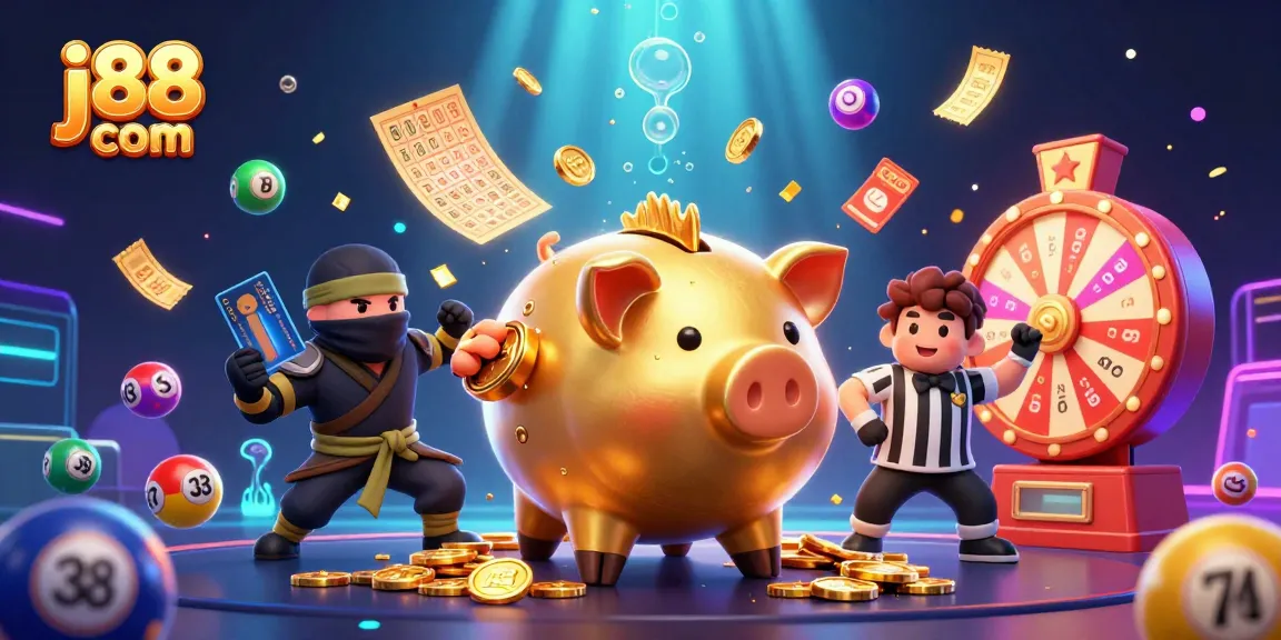 Experience thrilling wins with j88 com in this dazzling casino-themed illustration featuring games and characters.
