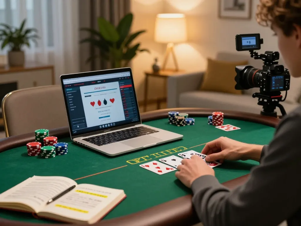 KUWIN player strategizing poker at home, engaging in online gaming with focused intensity.