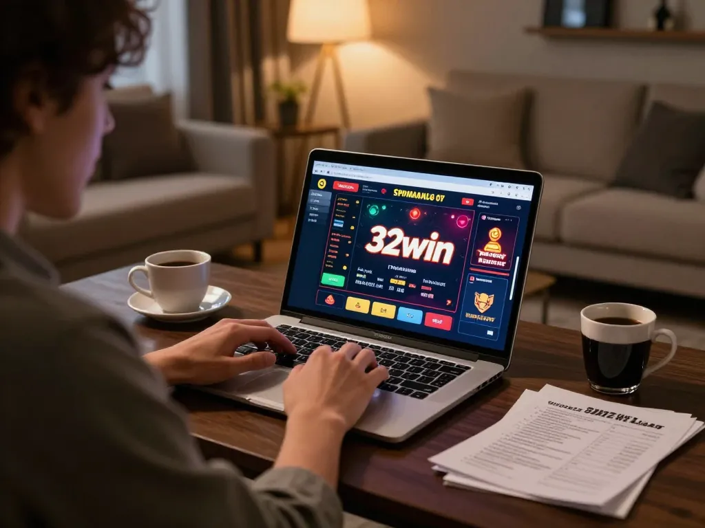 Engaging in online gameplay at 32win casino from a cozy home office