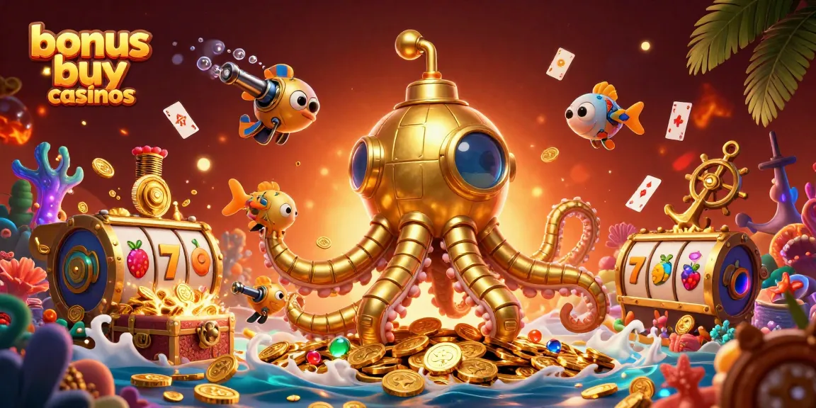 Immerse in bonus buy casinos with dynamic golden kraken and vibrant slot game elements.