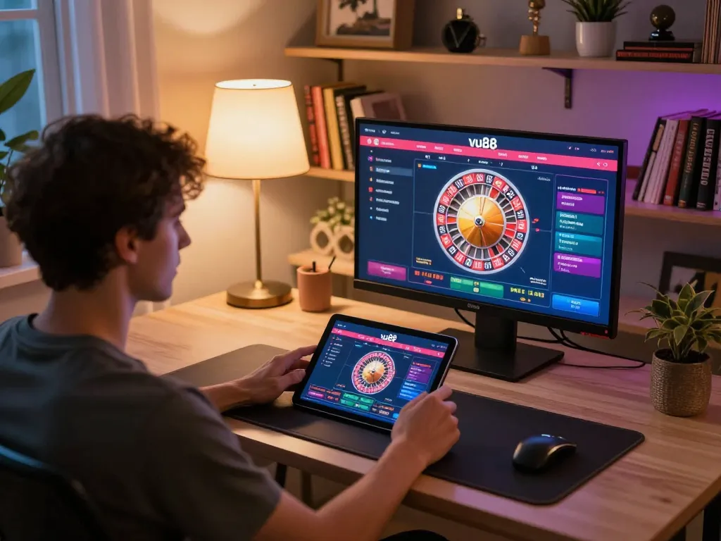 Person engaging with vu88 online betting app in a cozy home setup.
