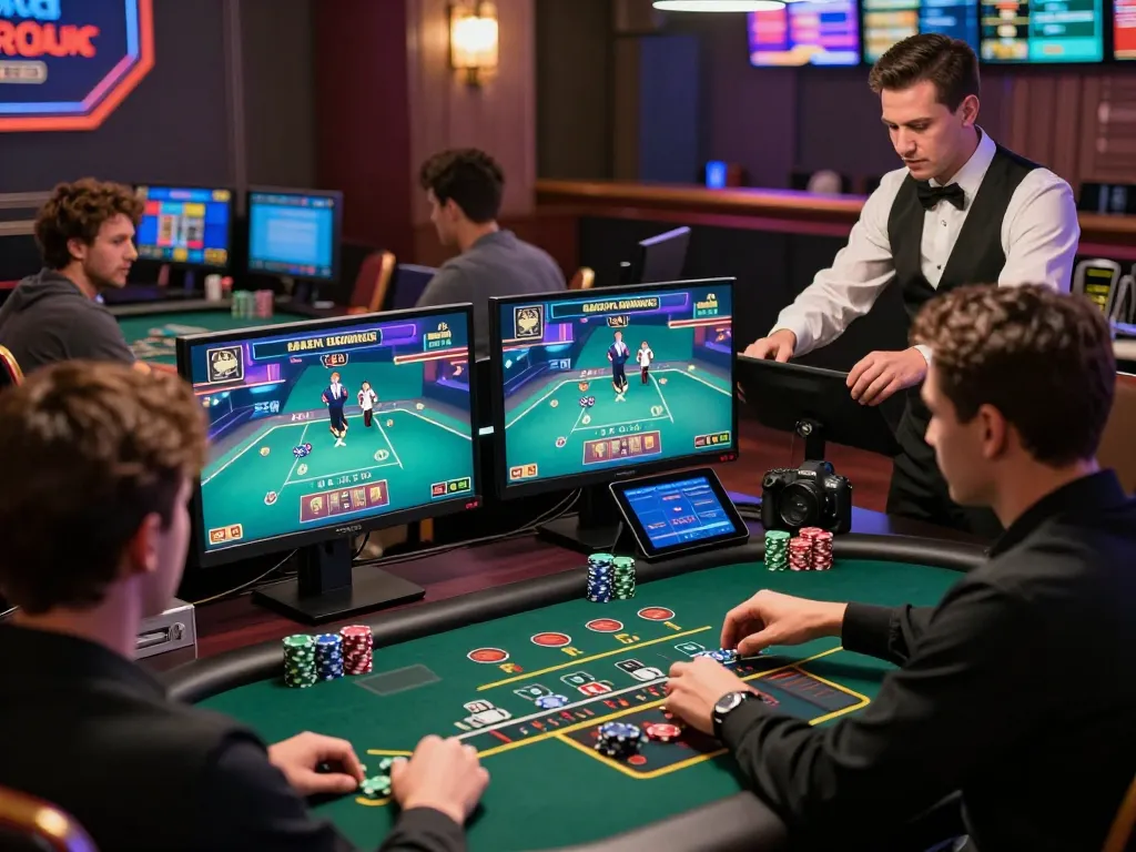 3Win players enjoying a live dealer blackjack game at home with sleek setups and vibrant digital displays.