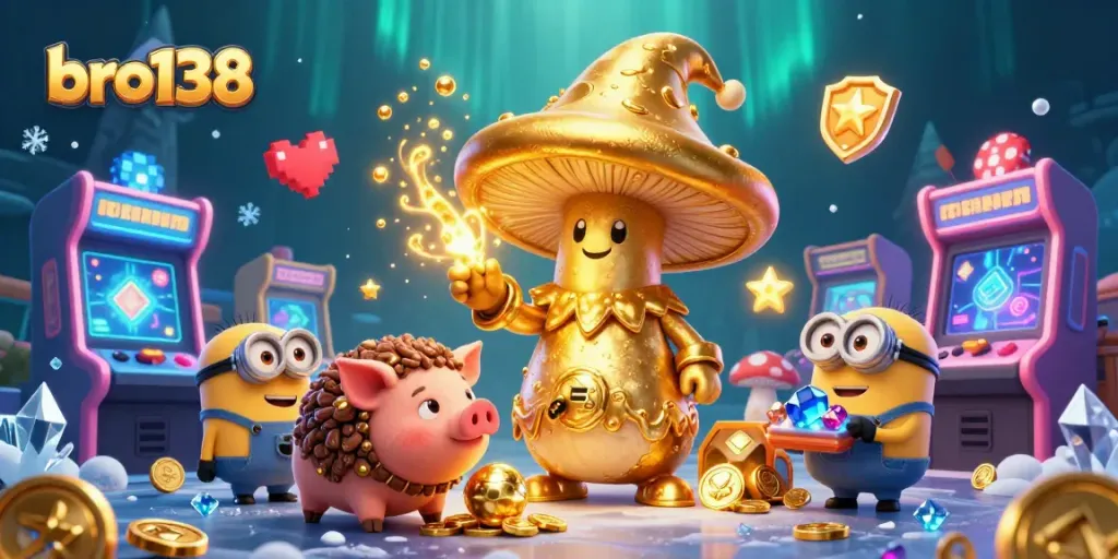 Engage with bro138's captivating gaming universe, featuring a whimsical golden wizard and treasure-hunting pig.