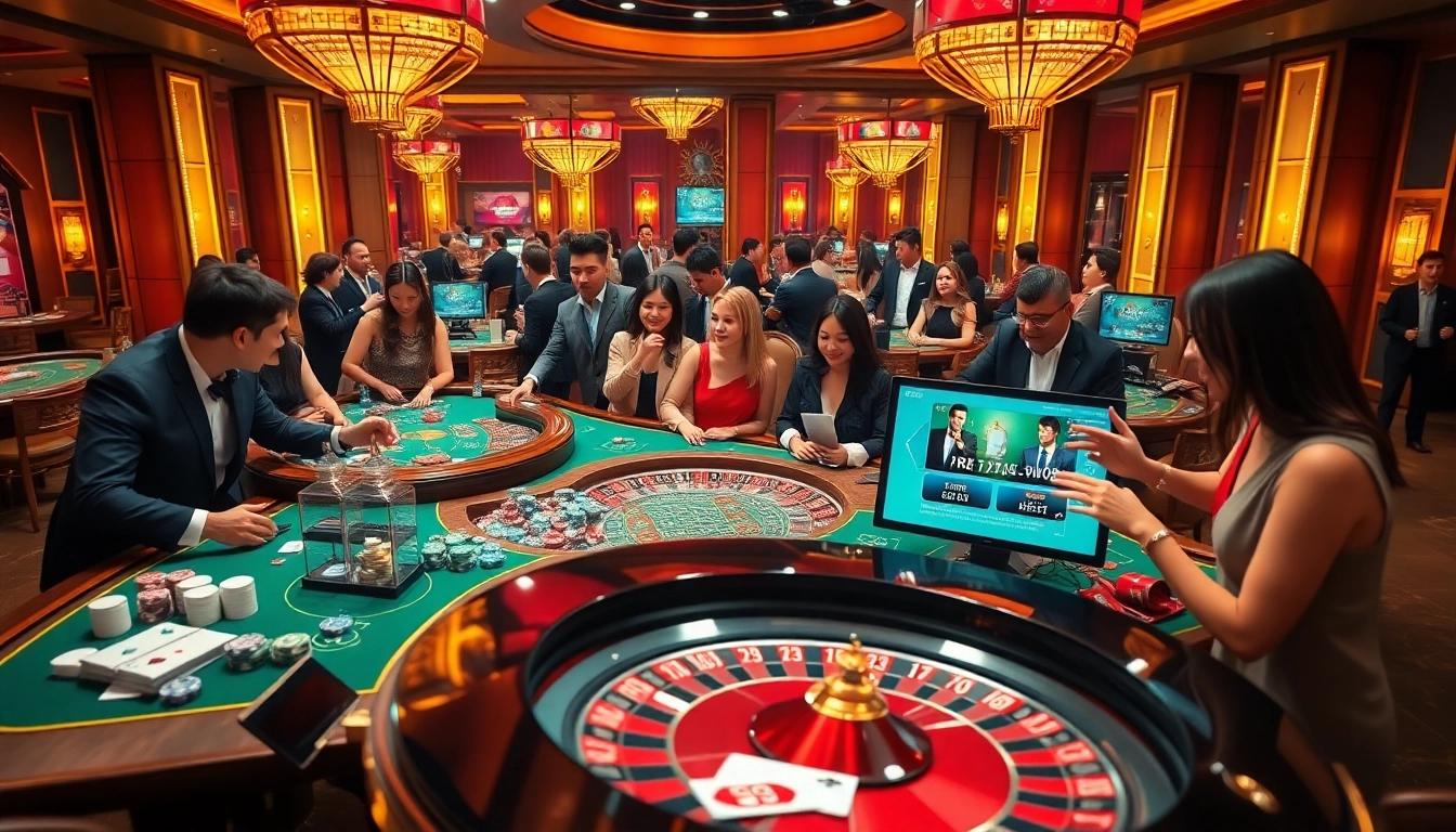 Experience thrill and luxury at RR88 online casino with engaged players at tables and machines.