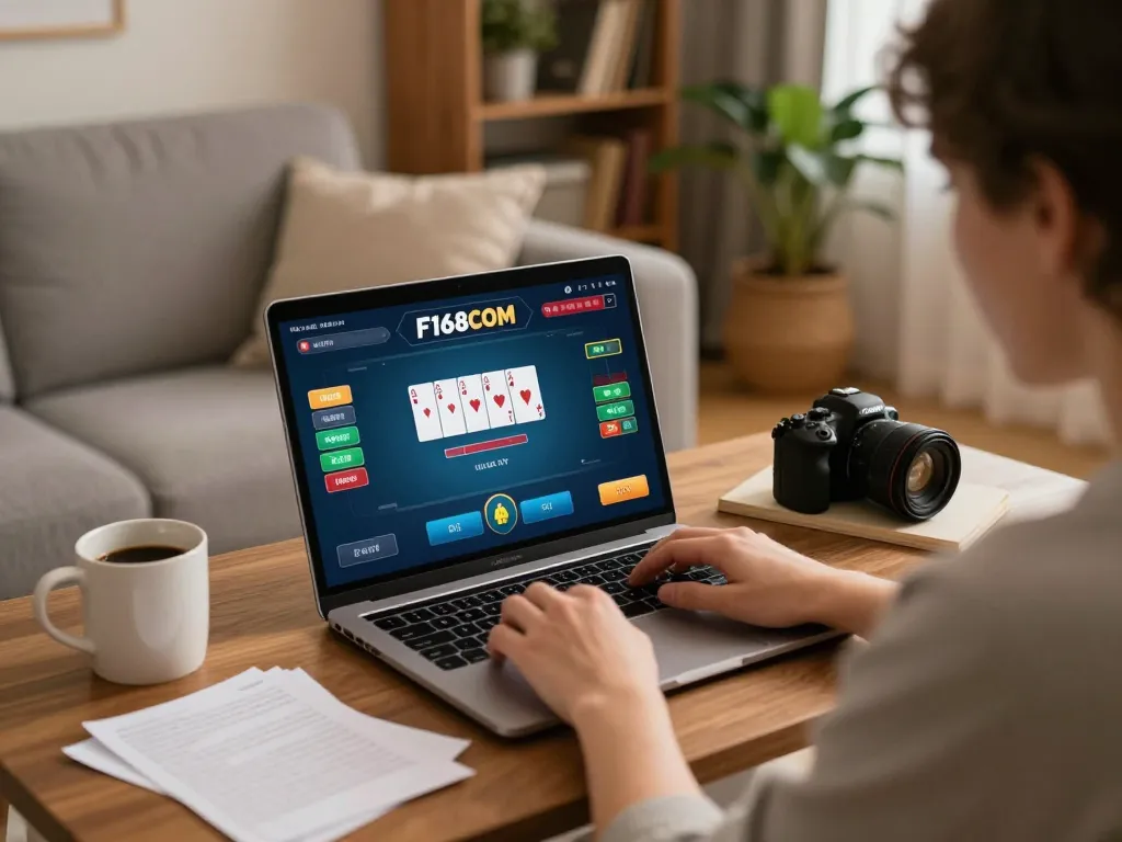 Experience online gaming with F168COM's poker interface in a cozy home setting, promoting responsible gambling.