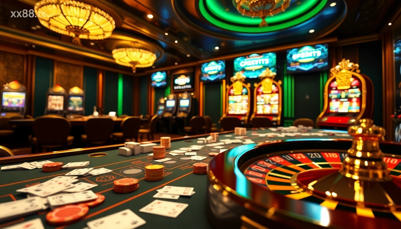 Experience thrilling gaming vibes at xx88.center with vibrant casino elements like roulette and poker.