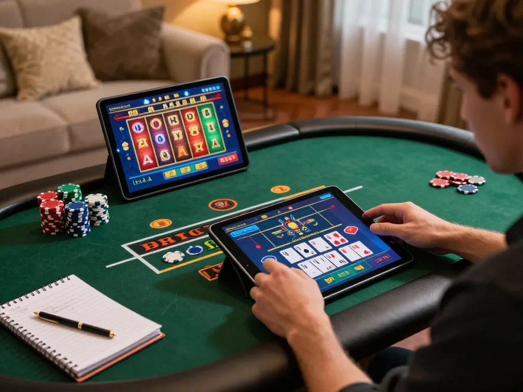 Engaging gaming at 555WIN with a tablet showcasing live casino games in a cozy home setting.