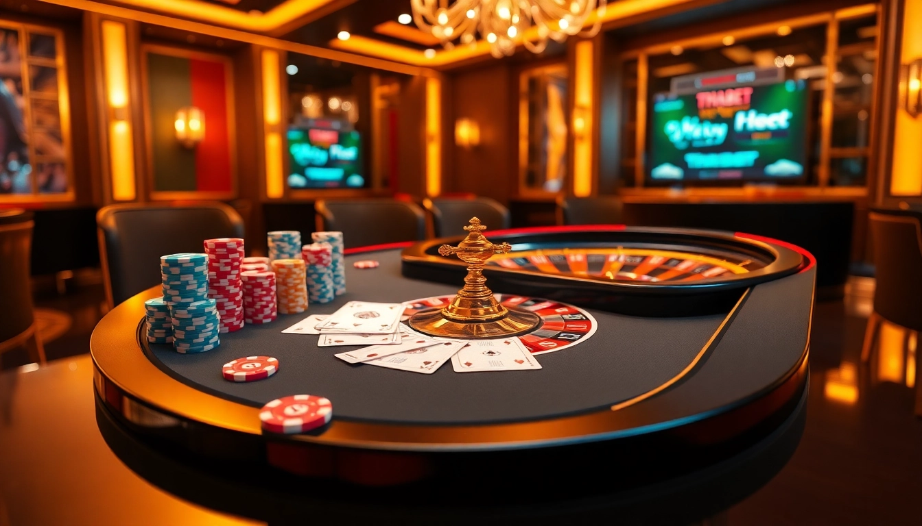 Experience thrilling gaming action at Thabet casino featuring vibrant poker chips and roulette wheel.
