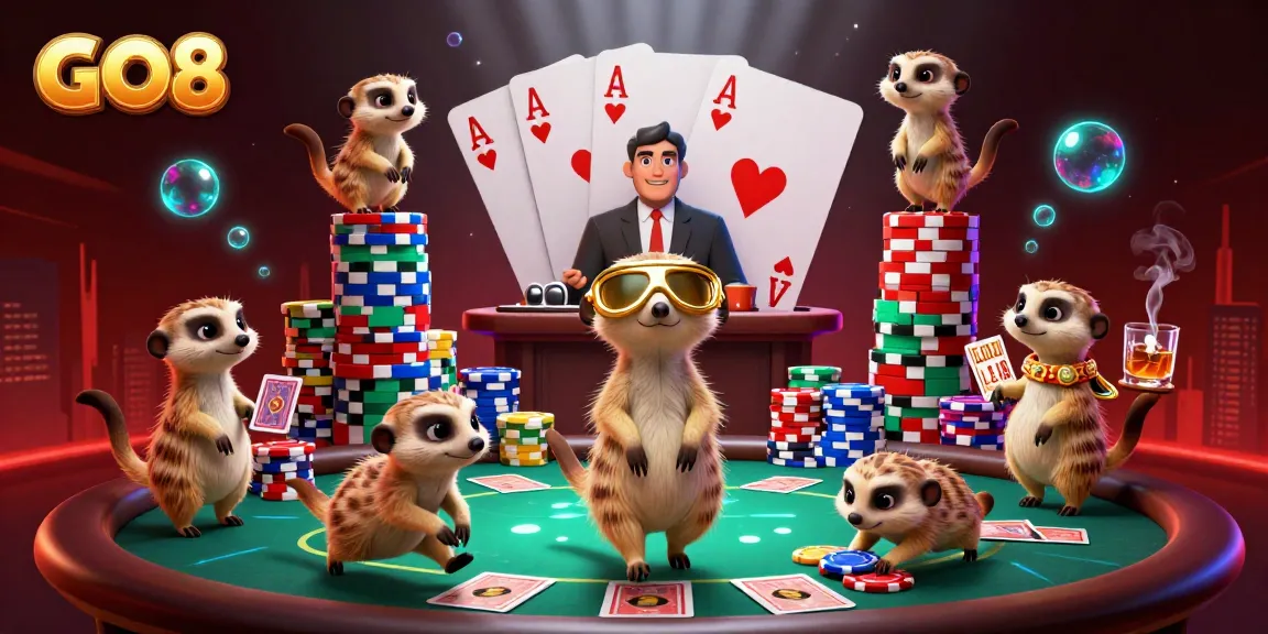 Engaging meerkats managing a thrilling casino experience, showcasing GO8's dynamic gaming atmosphere.