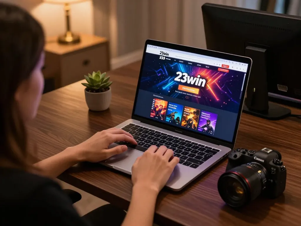 Engaging in online gaming with the top-rated 23win platform on a stylish laptop.