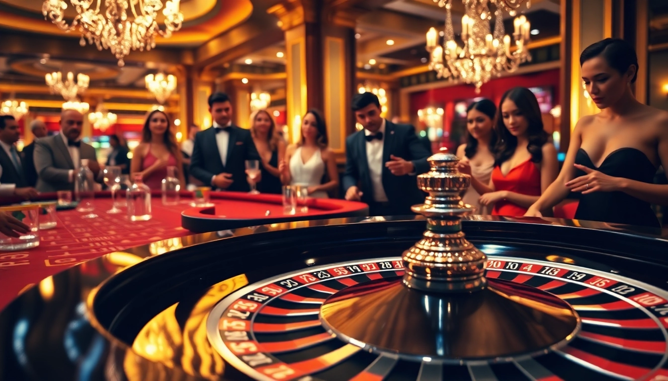 Engaging players at RR88's roulette table, showcasing excitement and luxury in a lively casino atmosphere.
