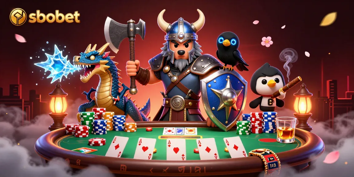 Sbobet elevates excitement with a Viking warrior, dragon, and poker elements in an action-rich casino scene.